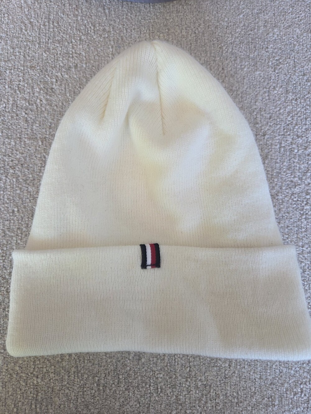 Tommy Hilfiger Cream Ribbed Knit Beanie Hat Unisex Winter Fold Over Cuff
